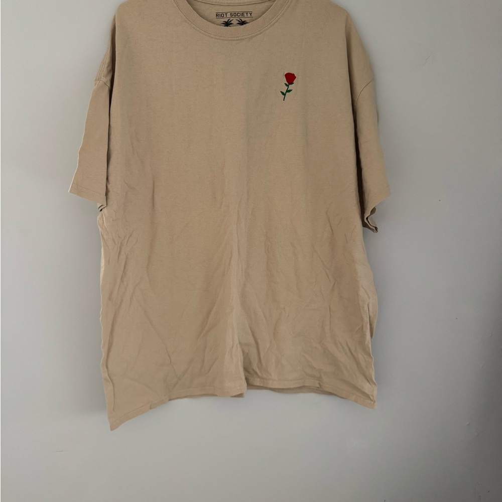 Hot Topic Beige T-Shirt with Red Rose Embroidery